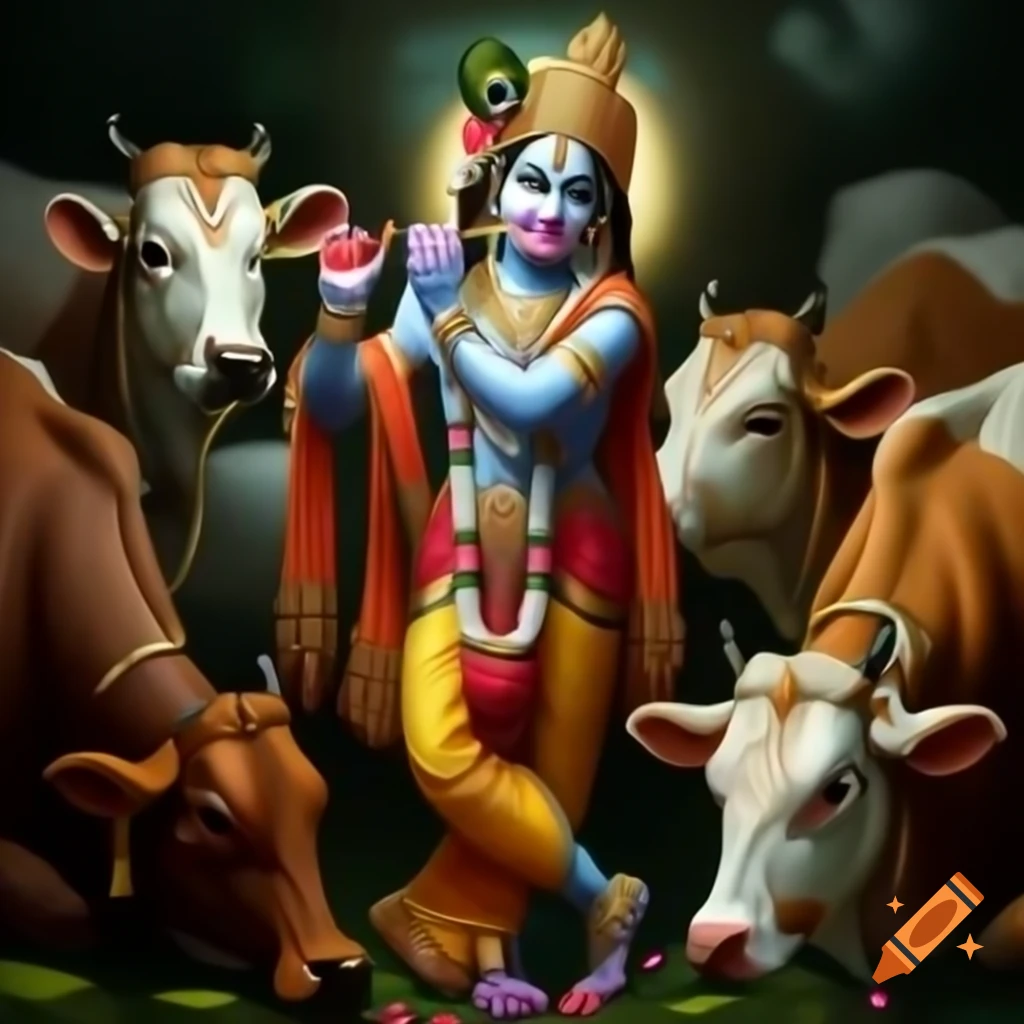 Painting of Indian God Krishna surrounded by cows in darker colors