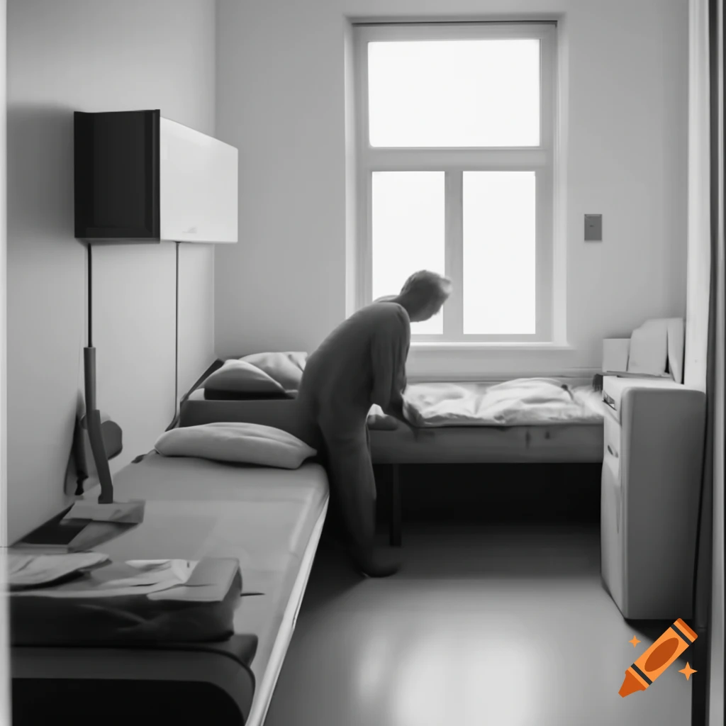 Minimalist dormitory room for older person with bed, sink, mini fridge, microwave, and dresser