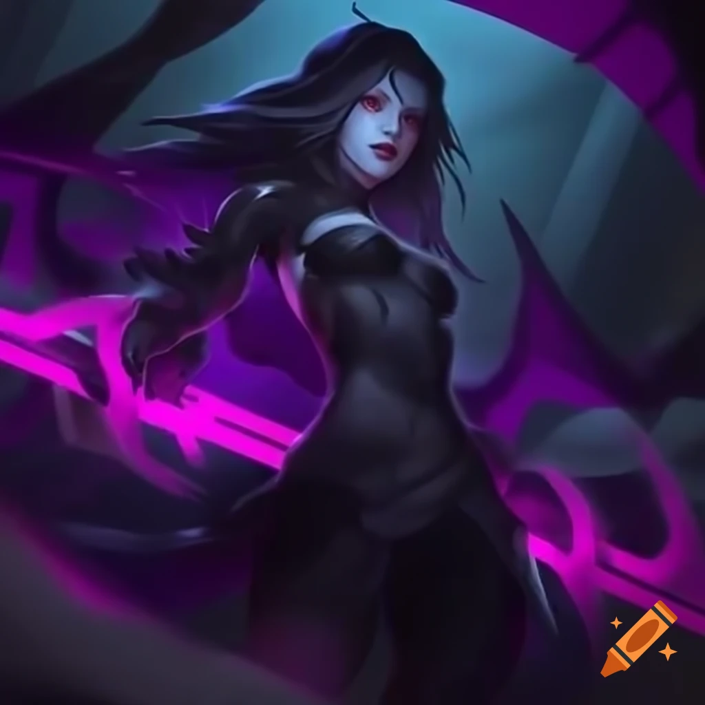 Fantasy character with black hair and purple highlights as the reaper
