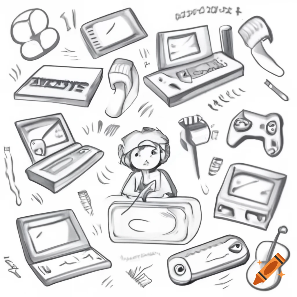 Sketch of boy surrounded by video games and musical instruments, representing self-expression