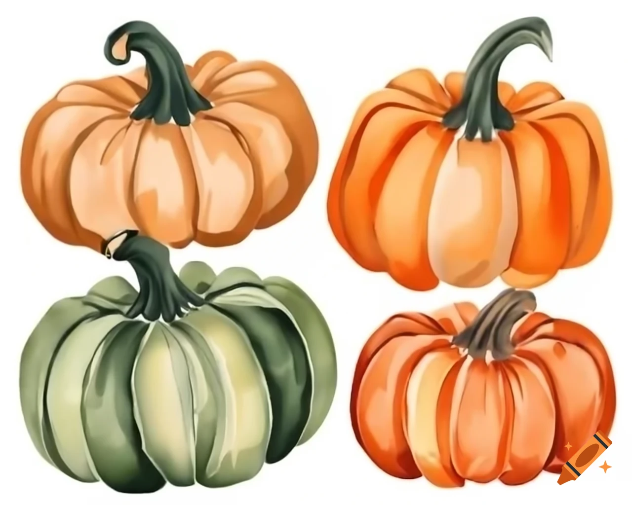 Storybook style pumpkins in shades of brown, orange, and green