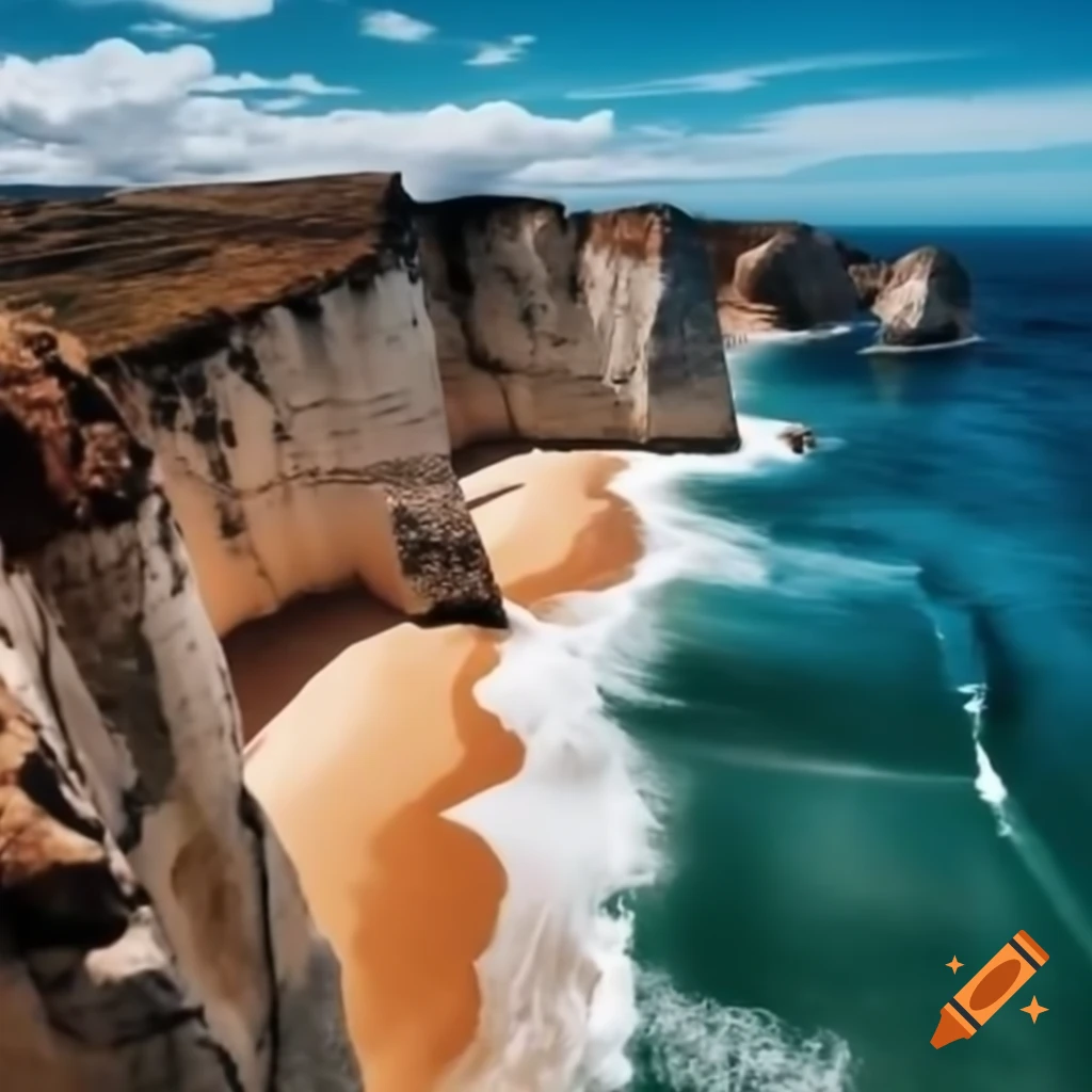 Aerial view from cliff edge overlooking sandy beach
