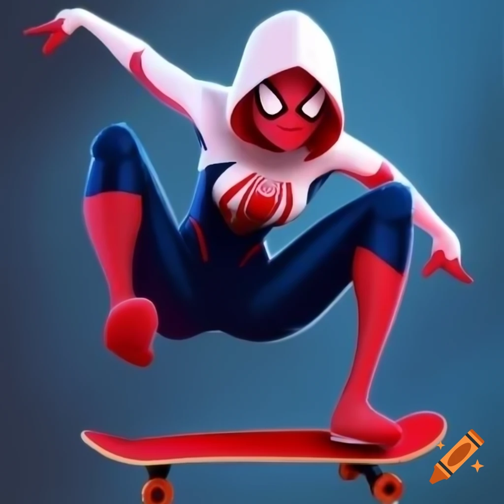 Gwen Stacy as Spiderman riding a skateboard