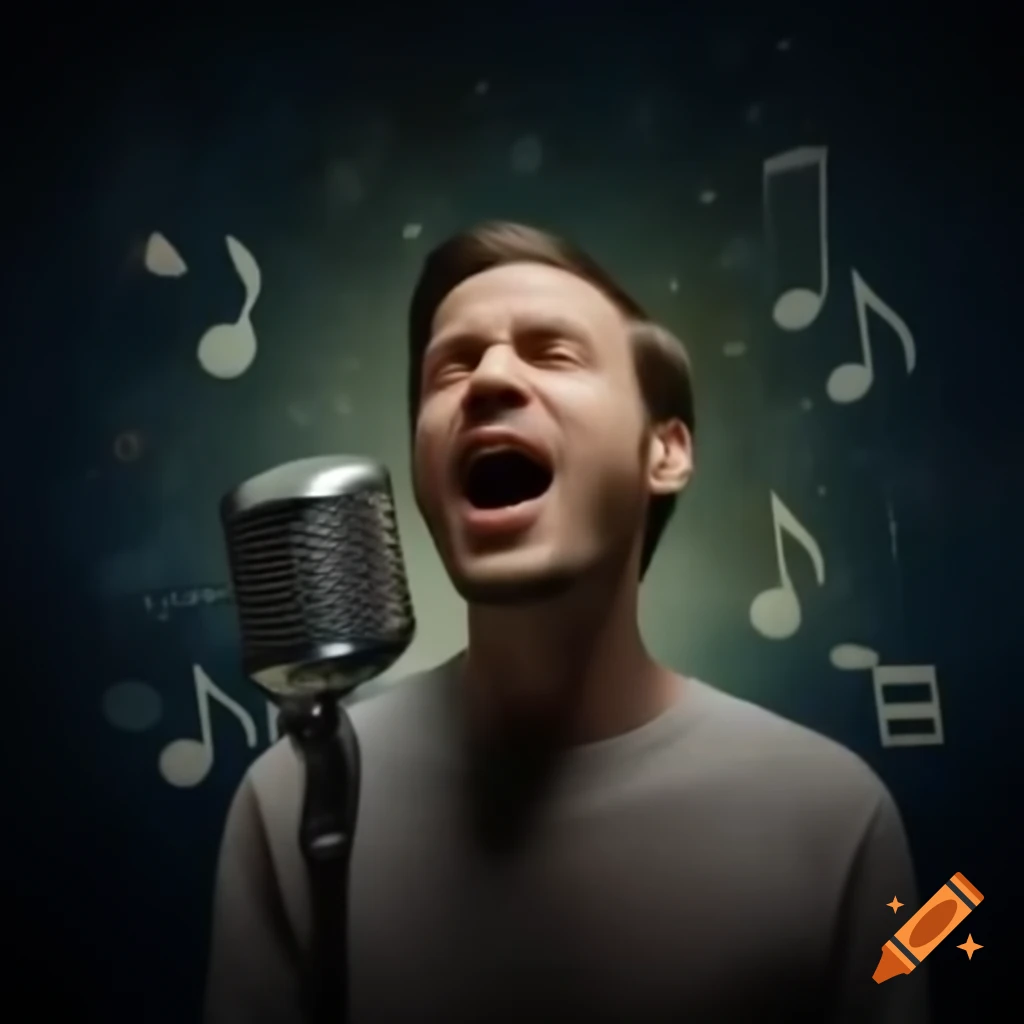 Man singing into microphone with musical notes backdrop, evoking nostalgia