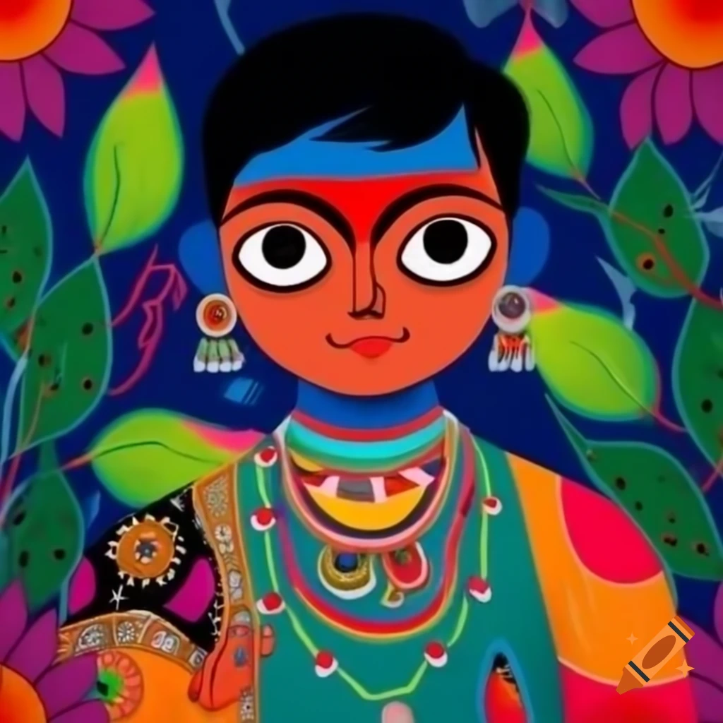Boy depicted in fusion style of Madhubani painting and manga art