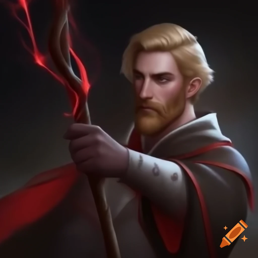 Fantasy priest character with holy light, staff, and simple robe