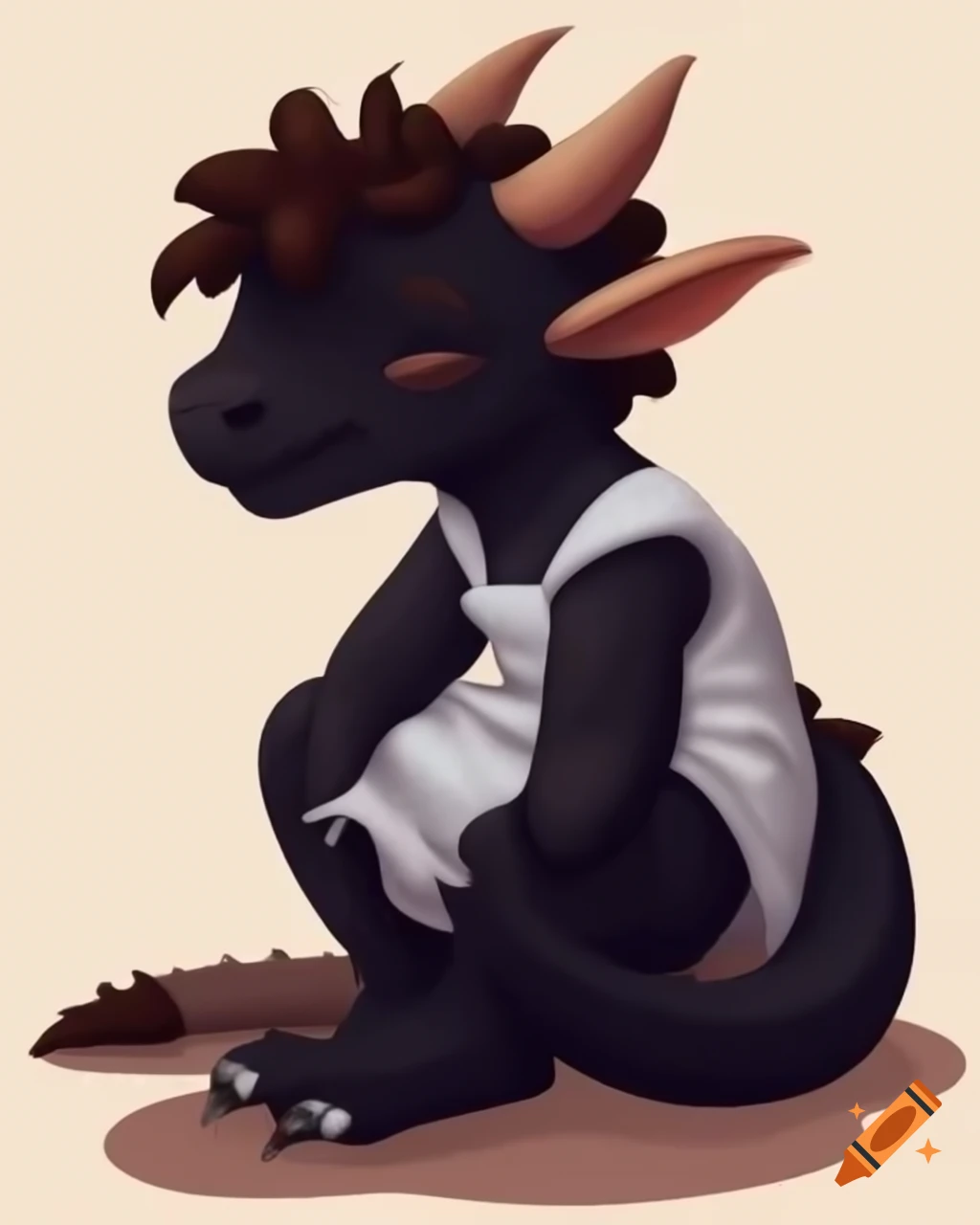 Anthropomorphic black dragon in white apron lying down and crying