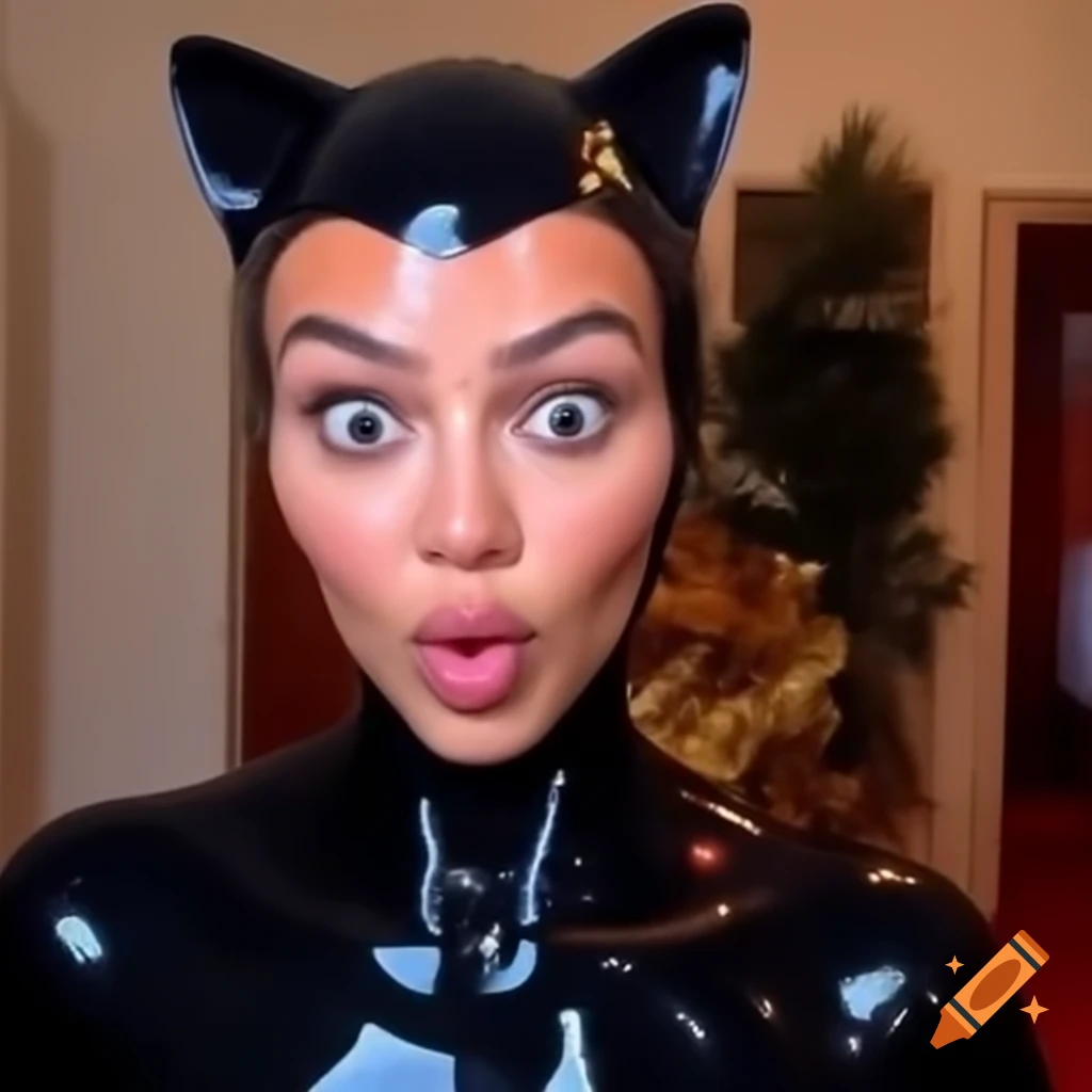 Surprised Kourtney Kardashian in latex cat costume with cat head