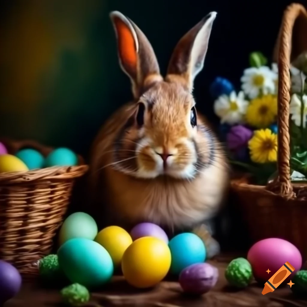 Brown rabbit with Easter eggs in vibrant colors, illuminated by warm light