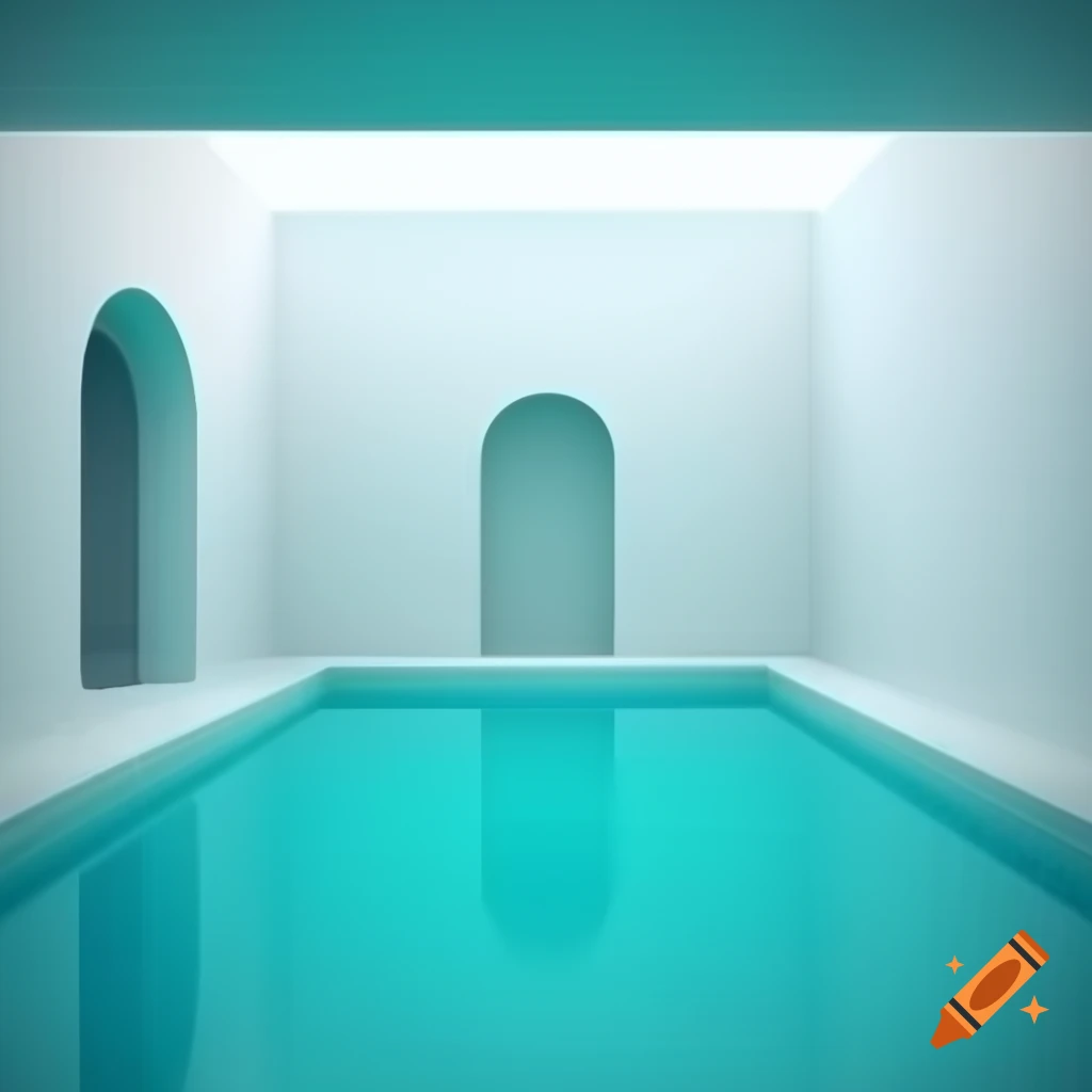 Surreal modern poolroom with white tiled walls and teal water, 3D render