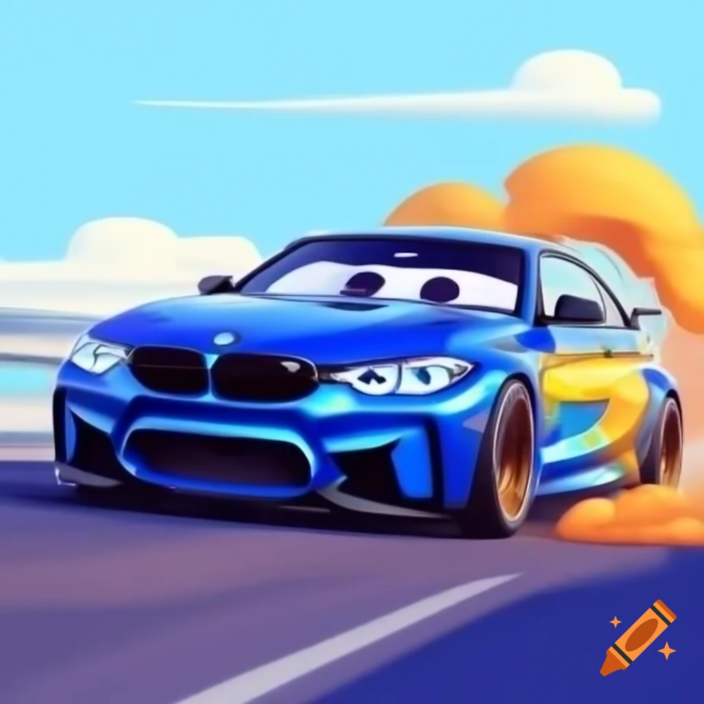 Cartoon BMW car in fast motion