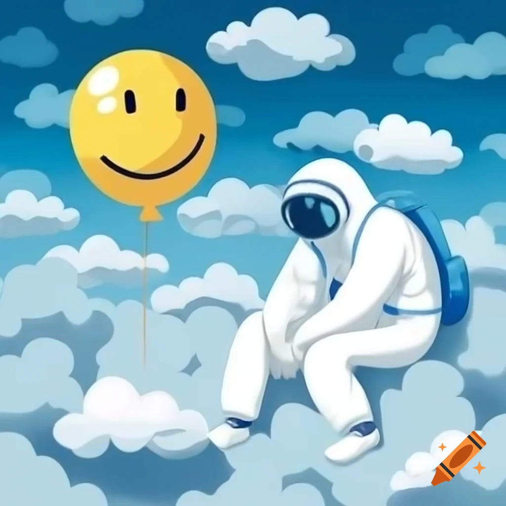 Rapper in hazmat suit sitting on clouds holding yellow balloon