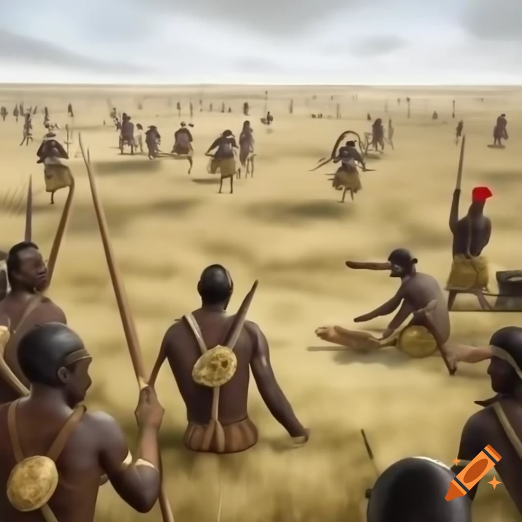 Wide shots of African landscape transitioning to close-ups of historical maps and Zulu warriors