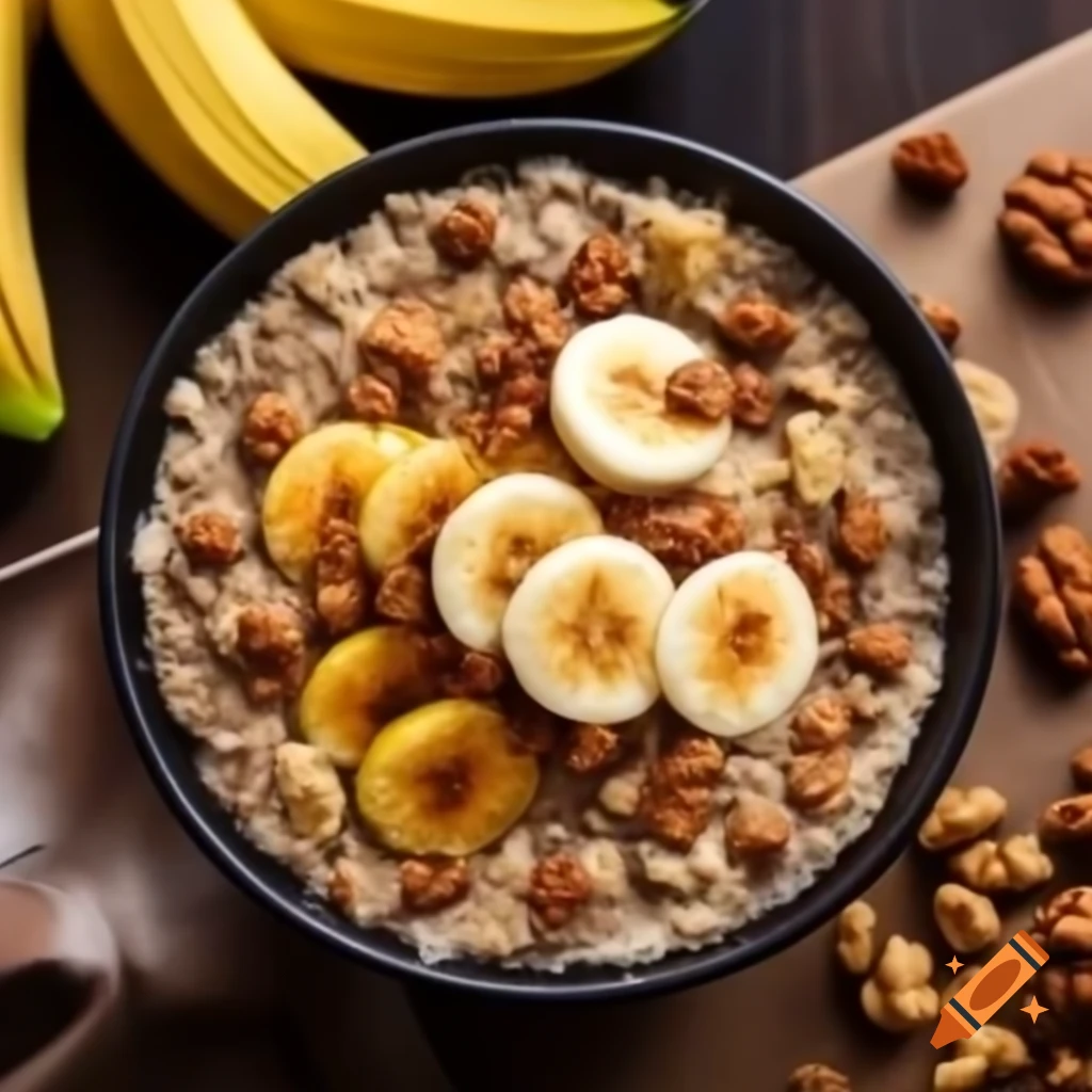 Freshly prepared oatmeal topped with banana slices, chopped walnuts, and maple syrup