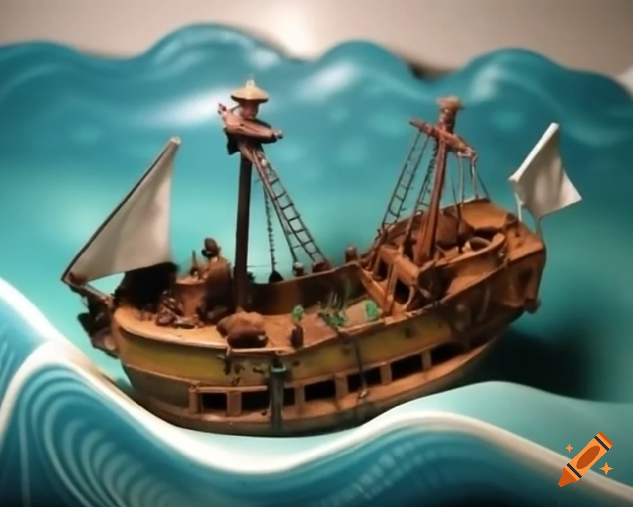 Diorama of pirate ship caught in wave chaos