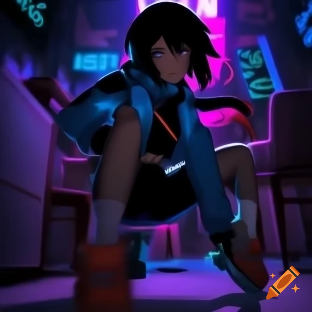 Black anime cosplay girl dancing under neon lights in club