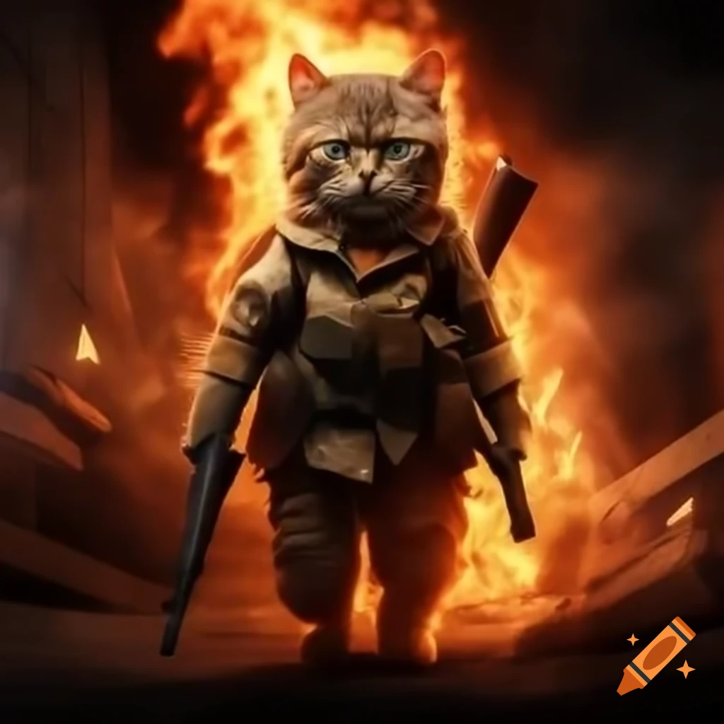 Muscular cat walking out of smoke and fire, wielding a rifle and heavy belt of bullets