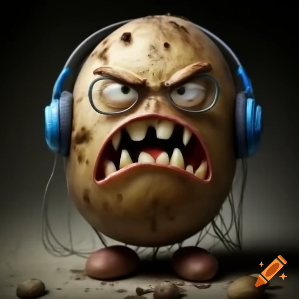 Angry potato with rotten teeth and wire-framed spectacles