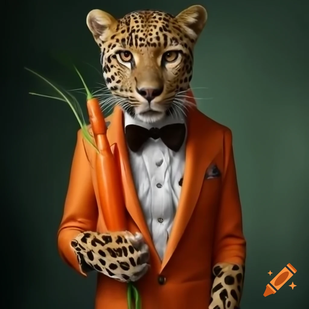 Leopard in a whimsical carrot stick costume