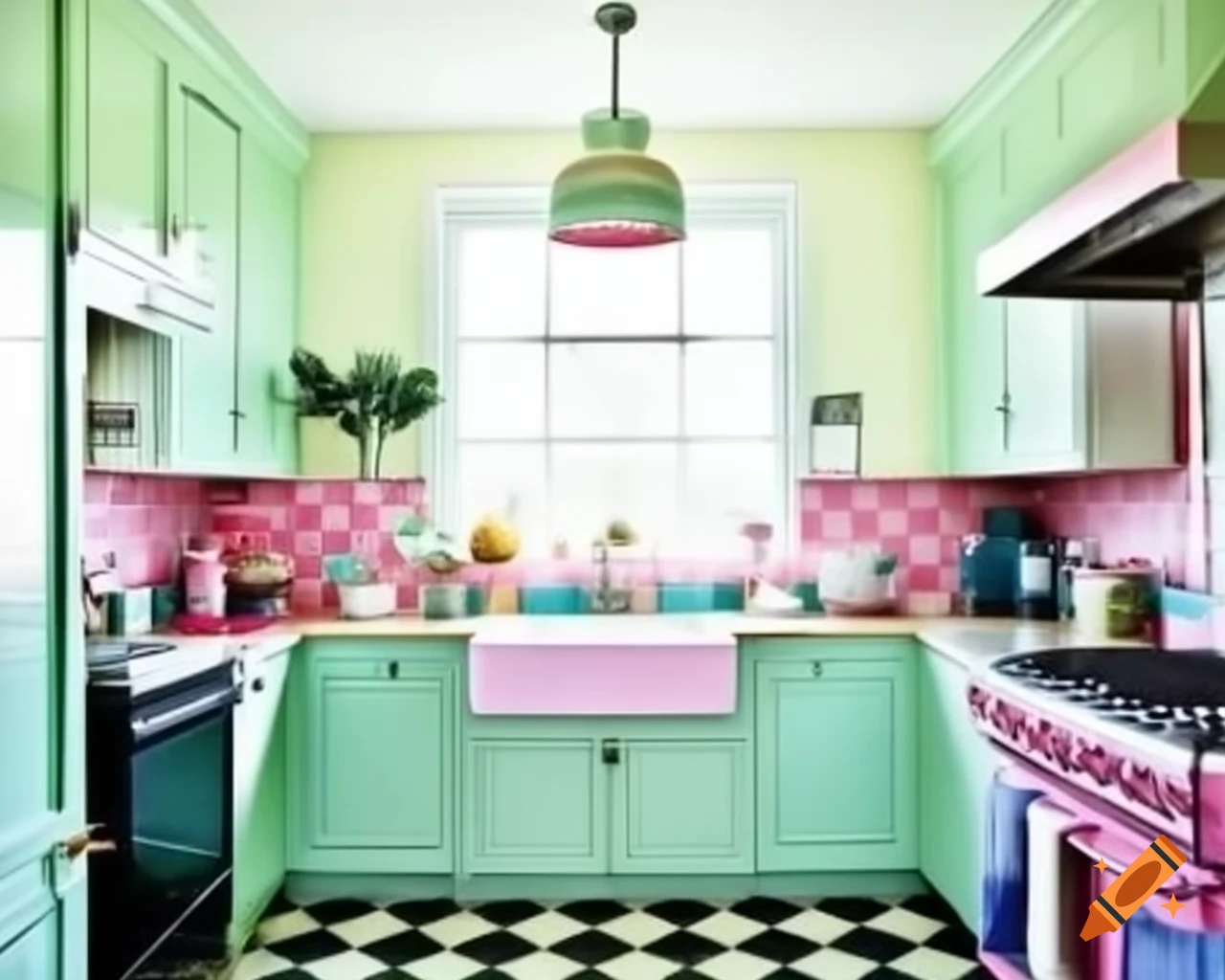 1950s kitchen with mint green cabinets and pastel appliances