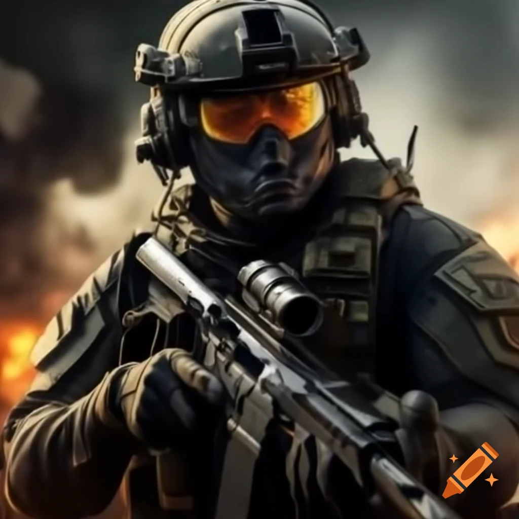 Tactical operator crouching behind cover in war-torn battlefield