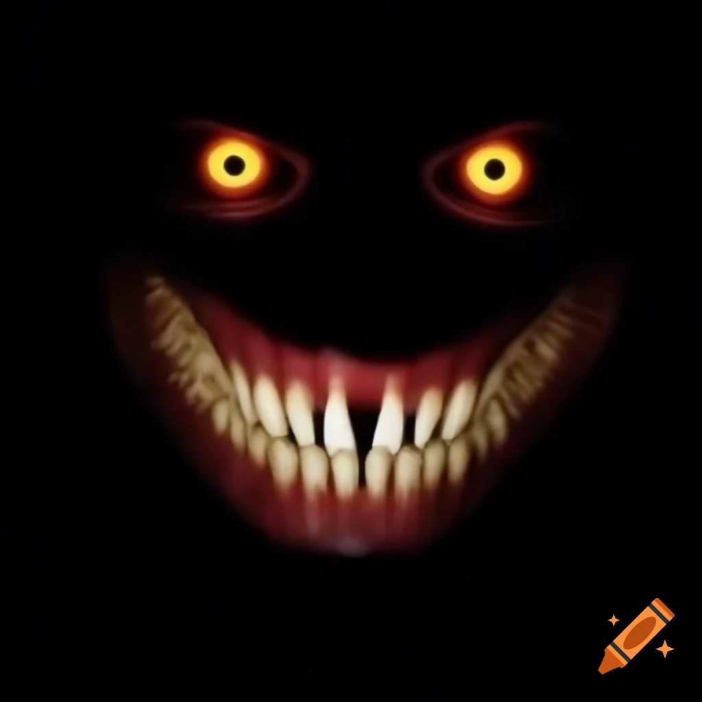 Menacing smiling face with yellowish teeth and glowing red eyes, slightly squished
