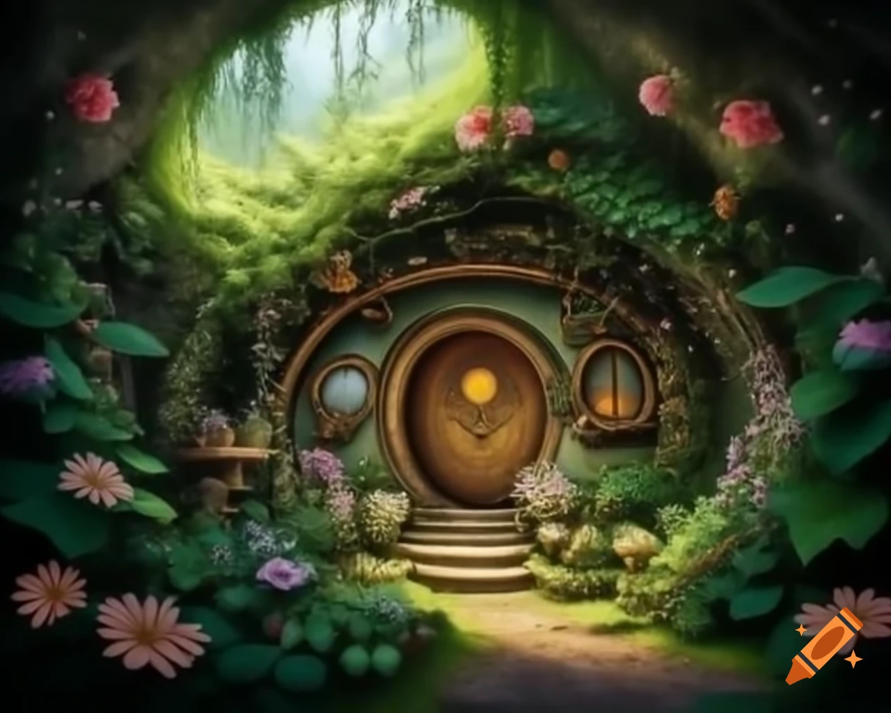 Cozy hobbit house in a lush cave full of vines and vegetation