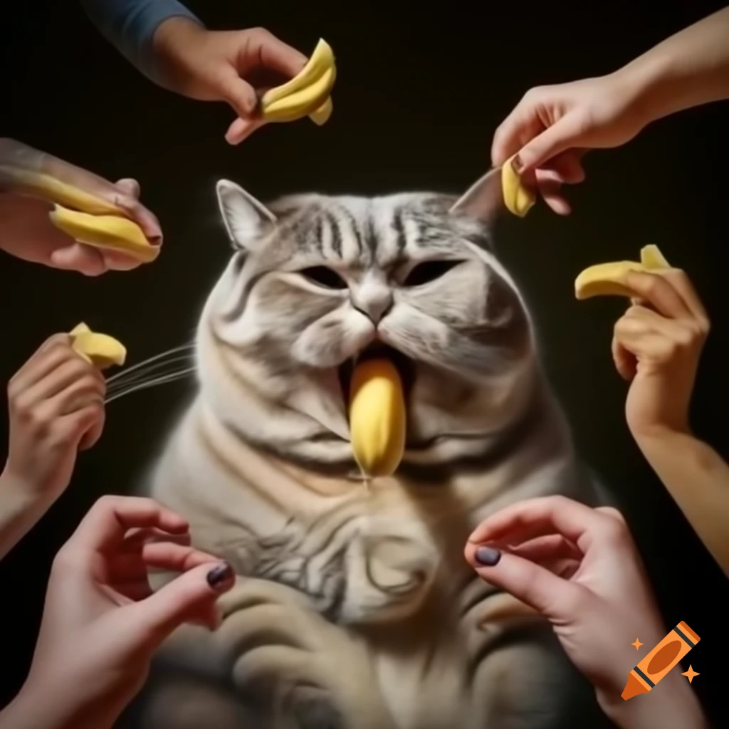 Cat with human hands playfuly eating a banana