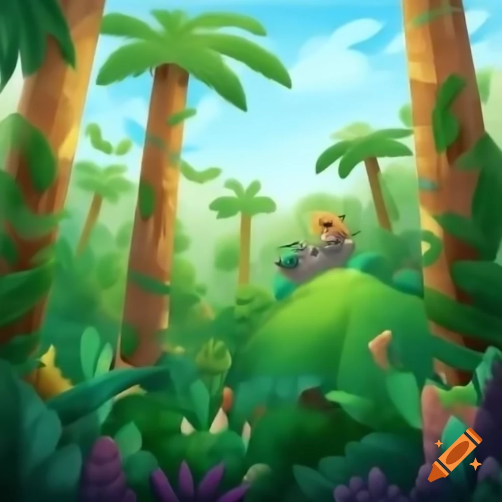 Vibrant jungle with tall trees and colorful plants featuring friendly lion and elephant