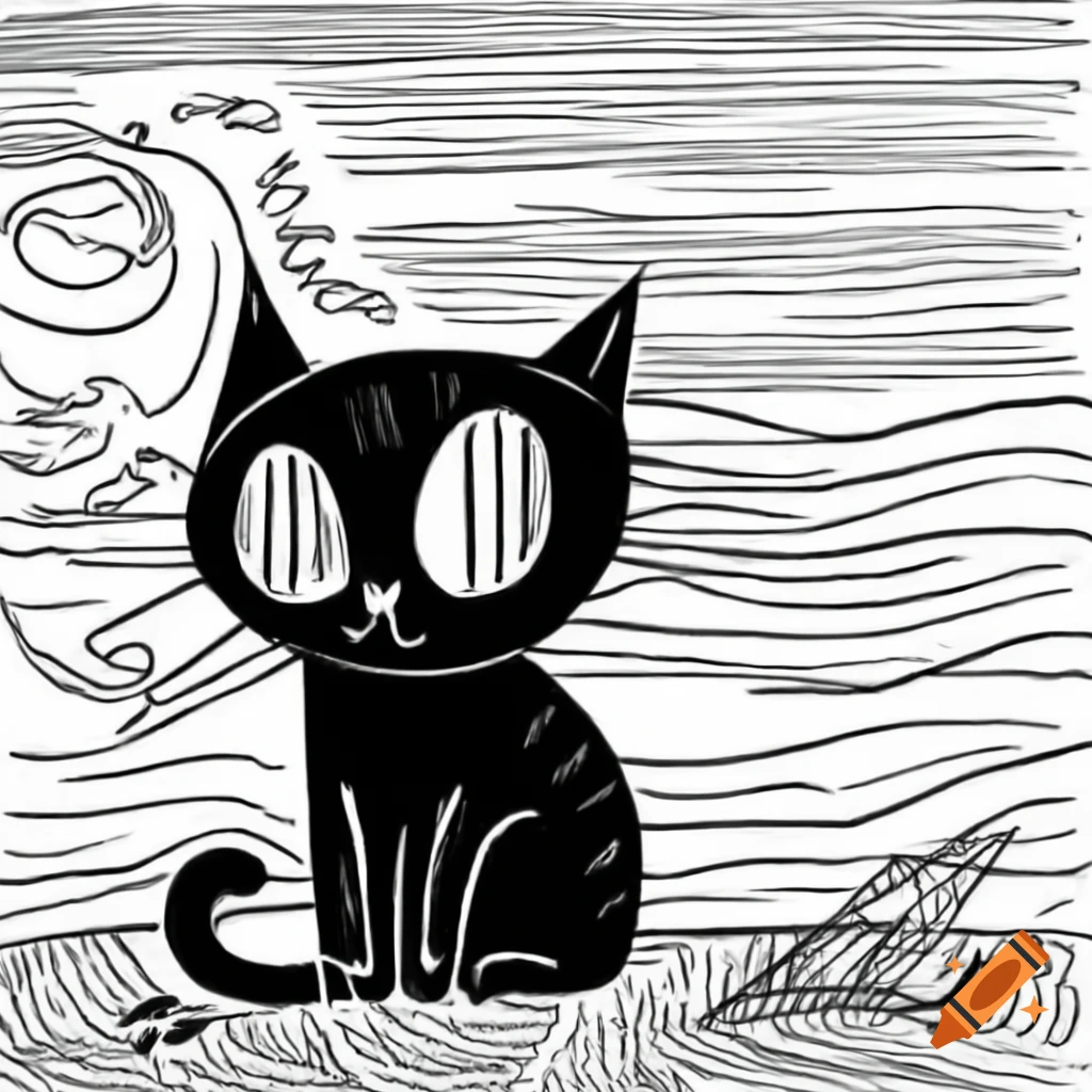 Black cat on beach, black and white drawing