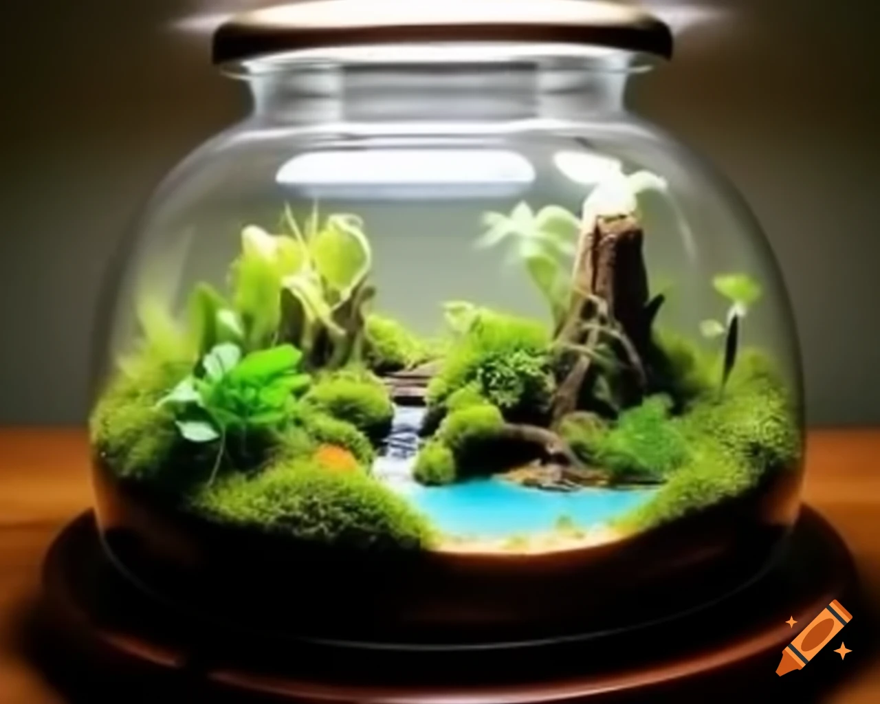 Miniature lake in a terrarium ecosystem with lush vegetation