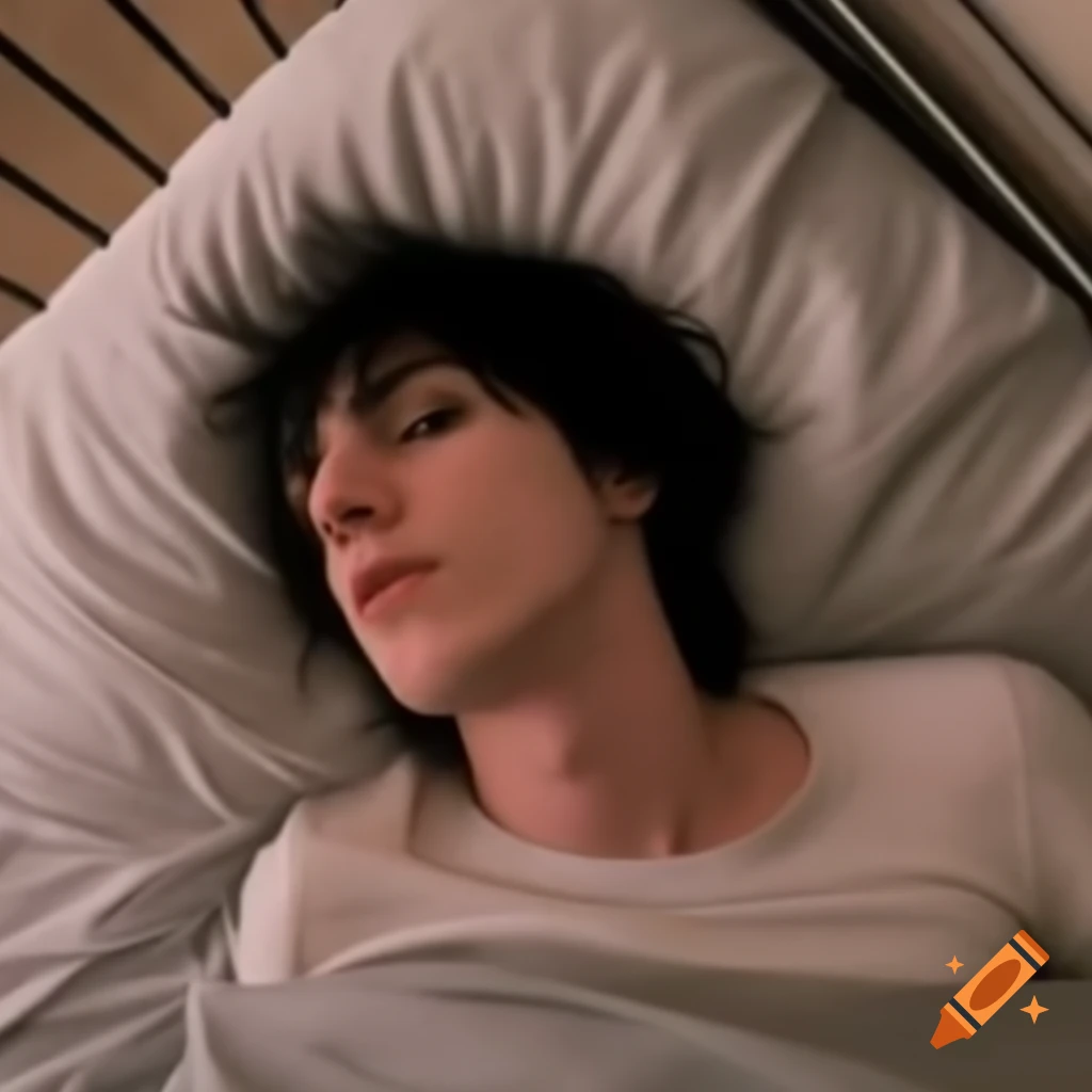 Emo guy laying in bed in early 2000s style selfie