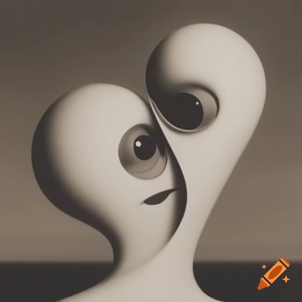 Surrealist artwork in white, black, grey, and sepia tones