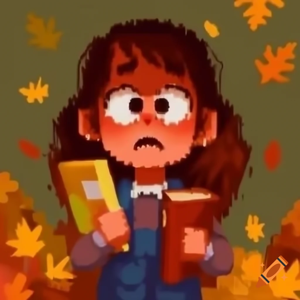 Pixel art portrait of scared girl with glasses holding books, autumn color scheme