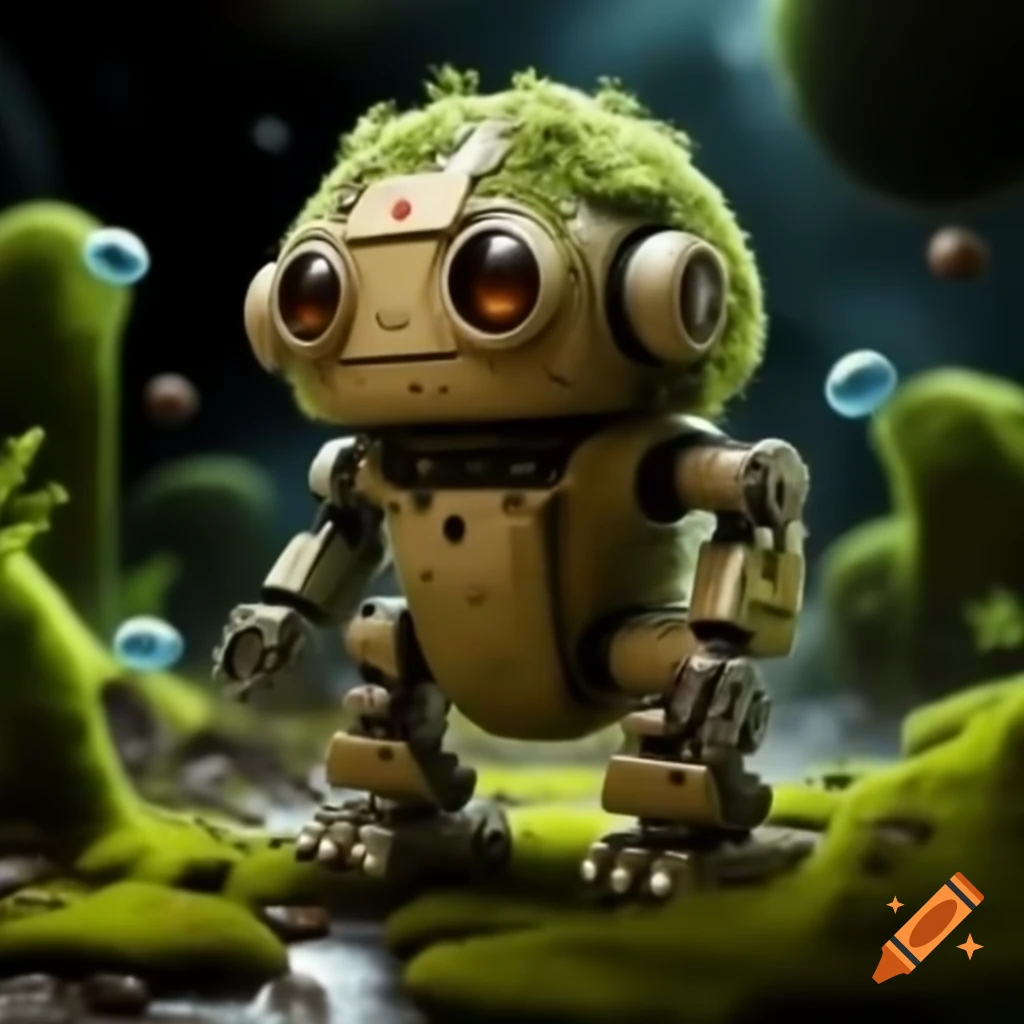 Robot symbiosis with fauna on alien planet, moss covering microchips
