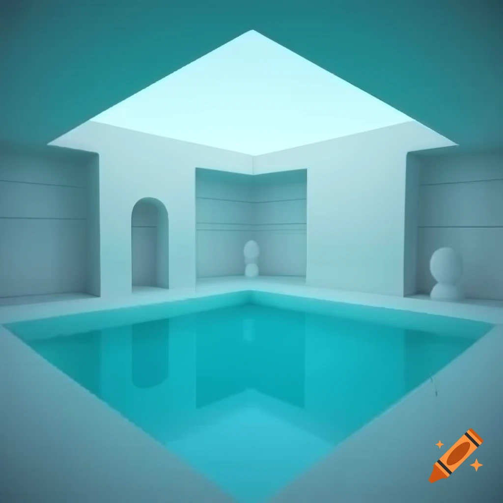 Surreal minimalist poolroom with teal water and white tiled walls, 3D render