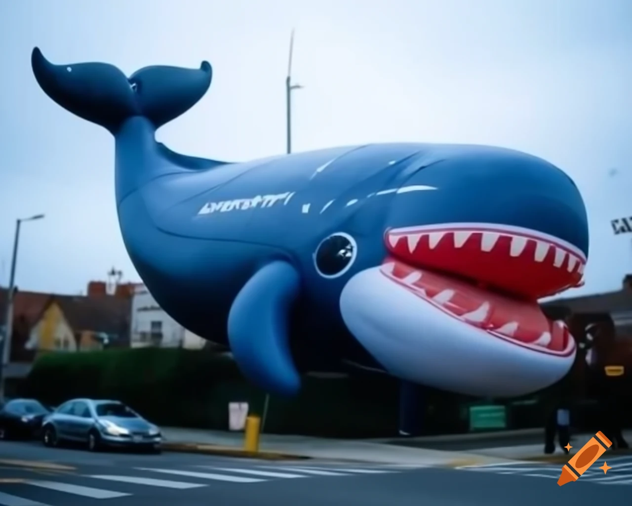 Giant helium inflatable whale displayed on the street