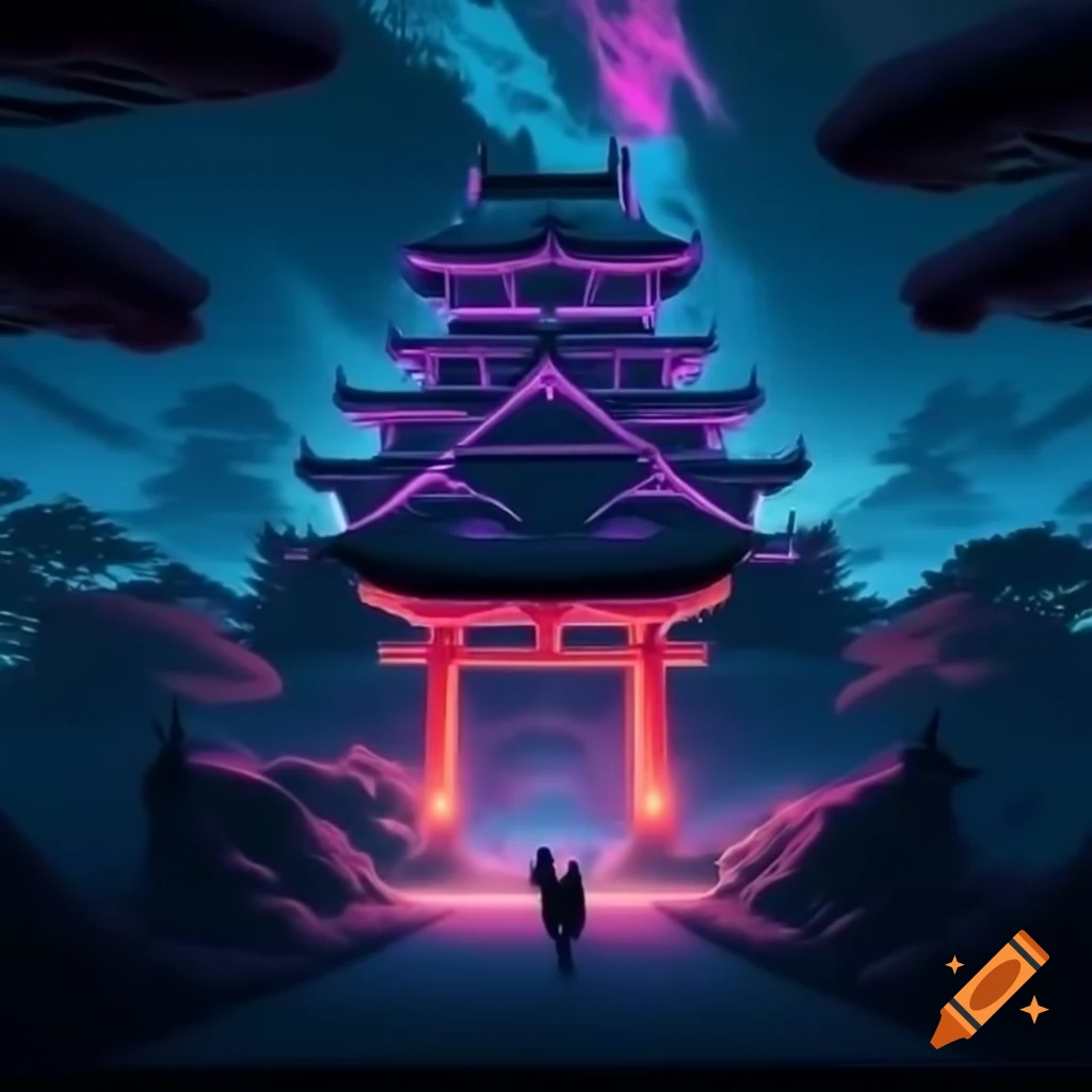 Neon Japanese castle featuring a torii gate