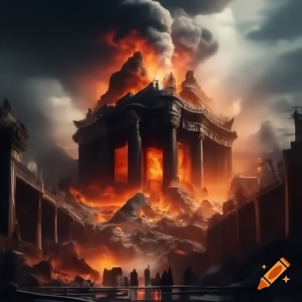 Ruined temple burning near erupting volcano with fleeing people and orange lightning strike