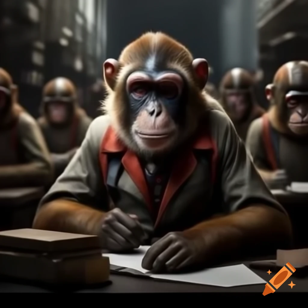 Hyper realistic depiction of a lonely monkey in an engineering class full of students