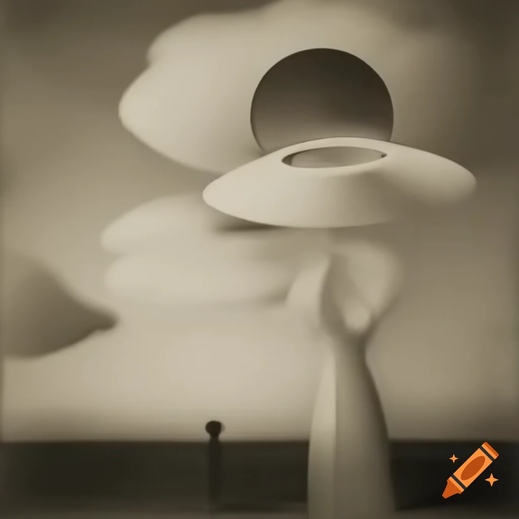 Retro surrealist graphic in 1950s style, featuring black, white, grey, and sepia tones
