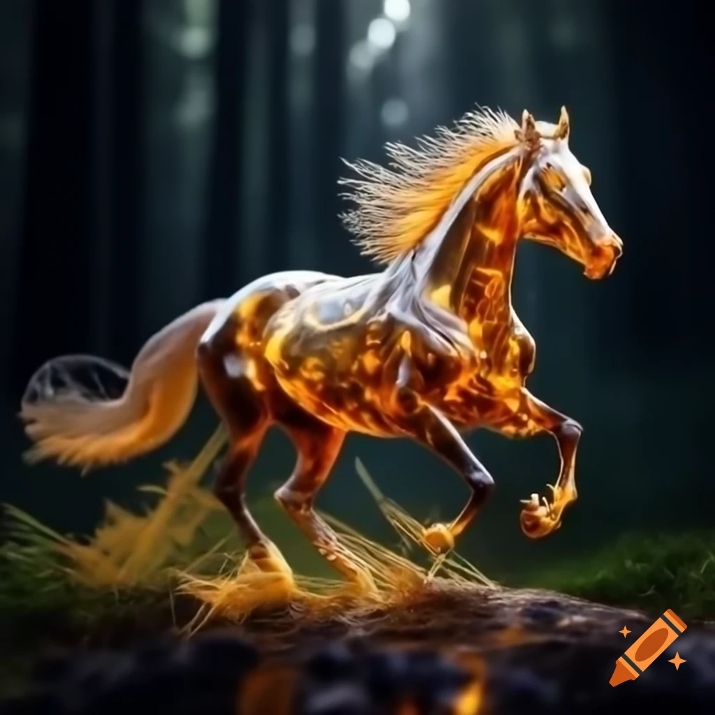 Amber carved horse with flowing mane in mystic green forest