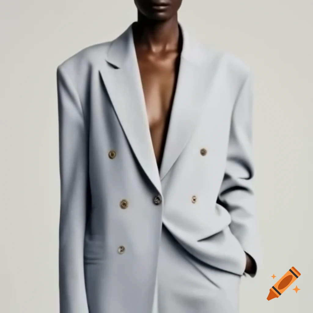 Female model in light grey fitted long blazer and wide pants against cement backdrop