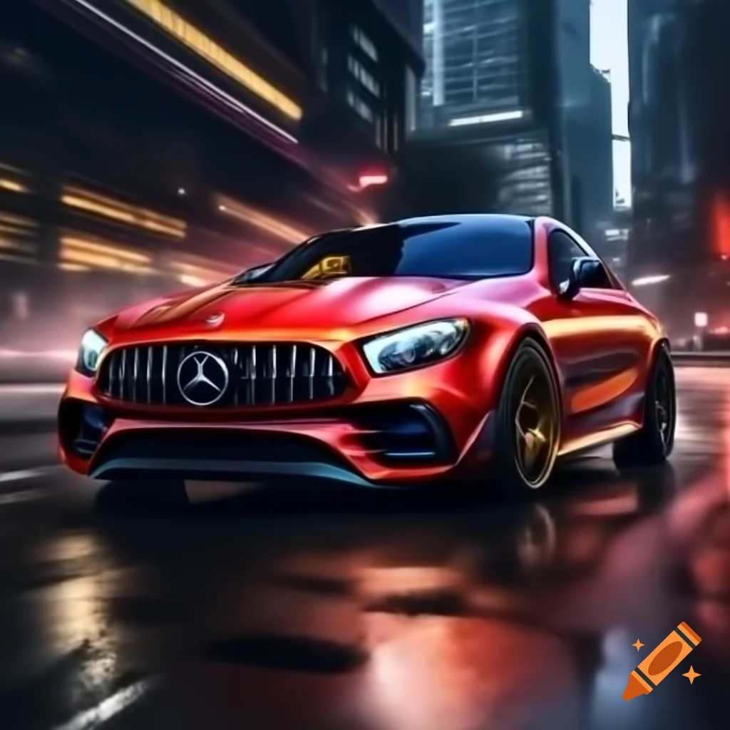 Red Mercedes AMG in cyber city with red neon lights