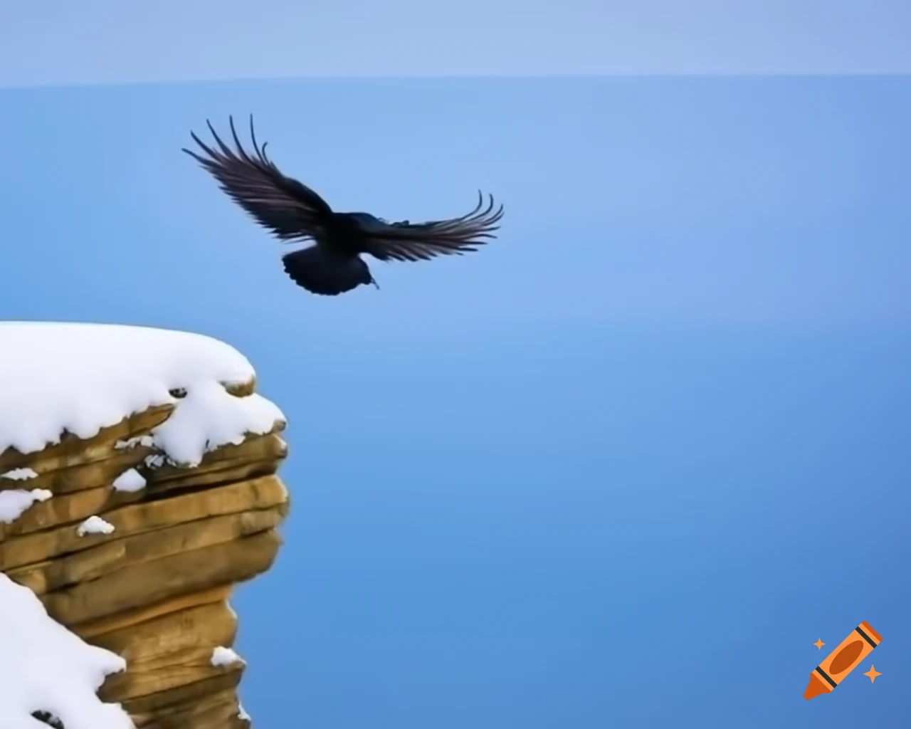Raven flying above snow-covered cliff