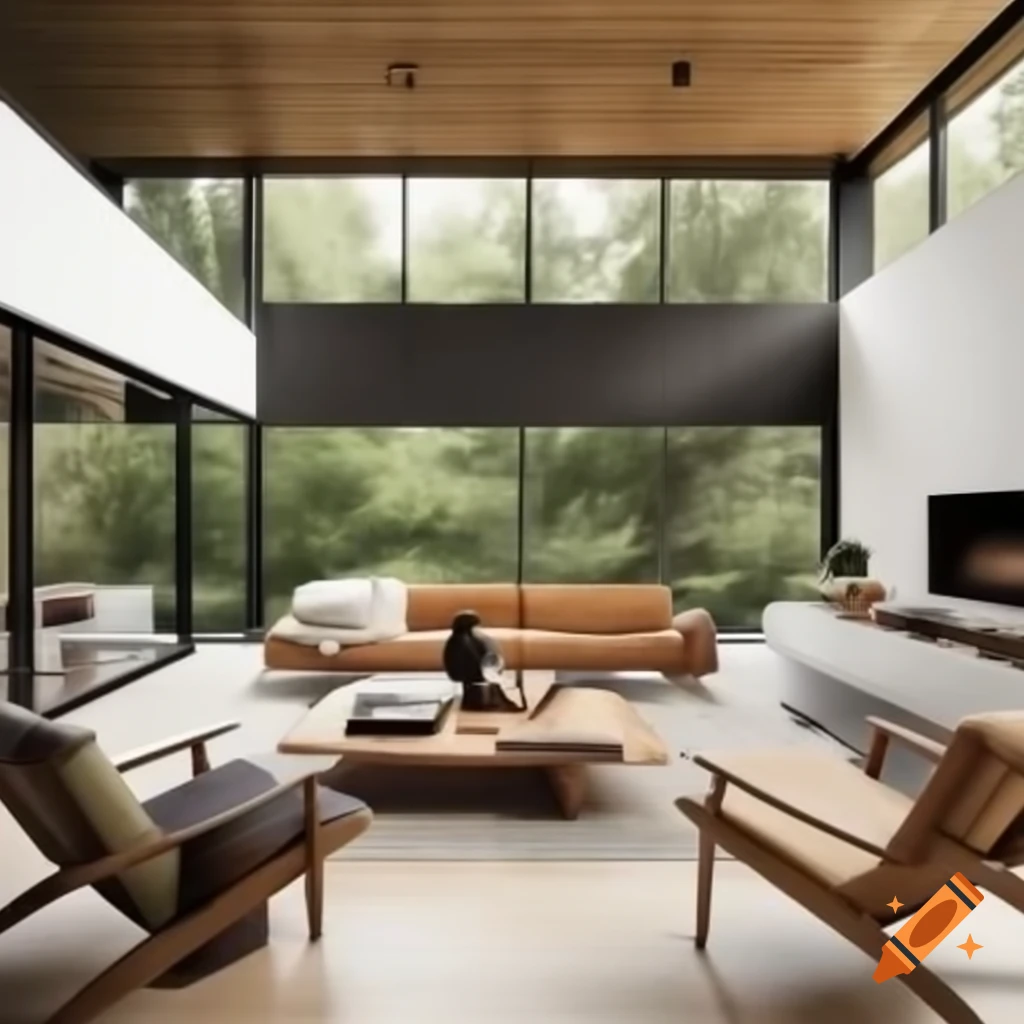 Wabi Sabi modern living room with large windows showcasing nature landscape