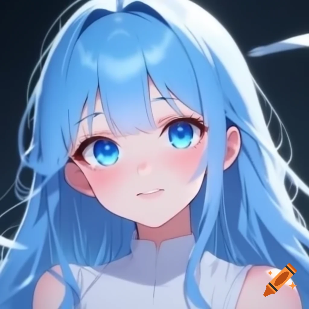 Anime girl with long light blue hair and blue eyes, front view