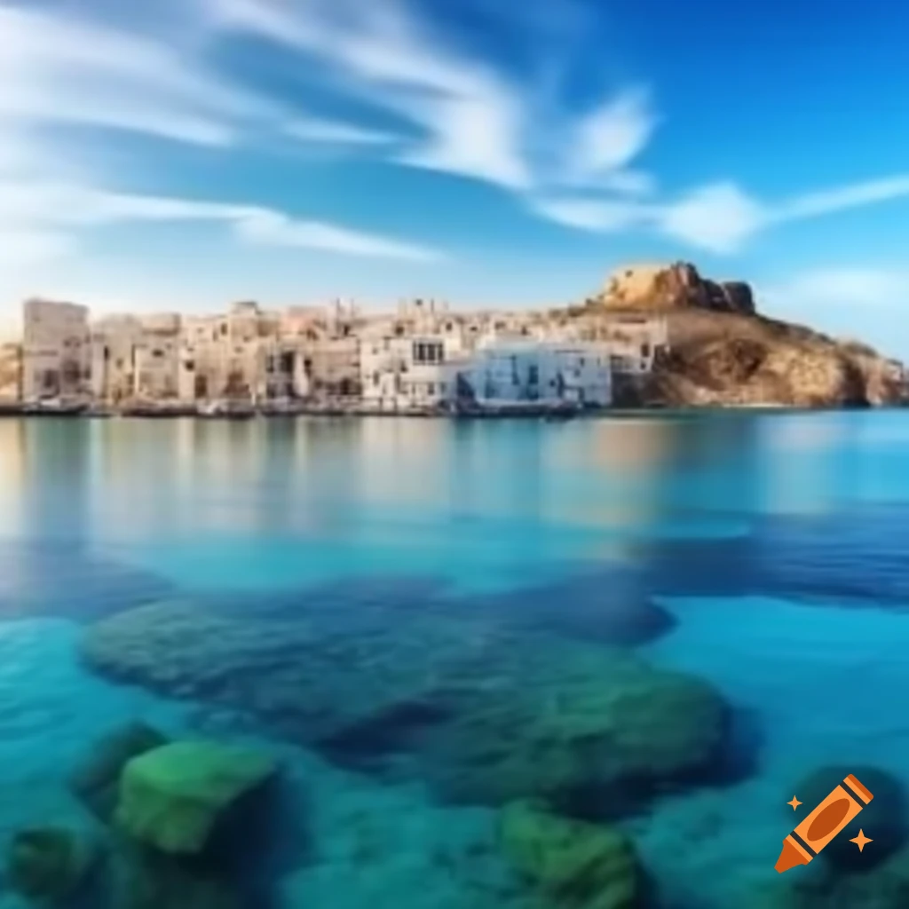 Greek style city on a floating island in the sky