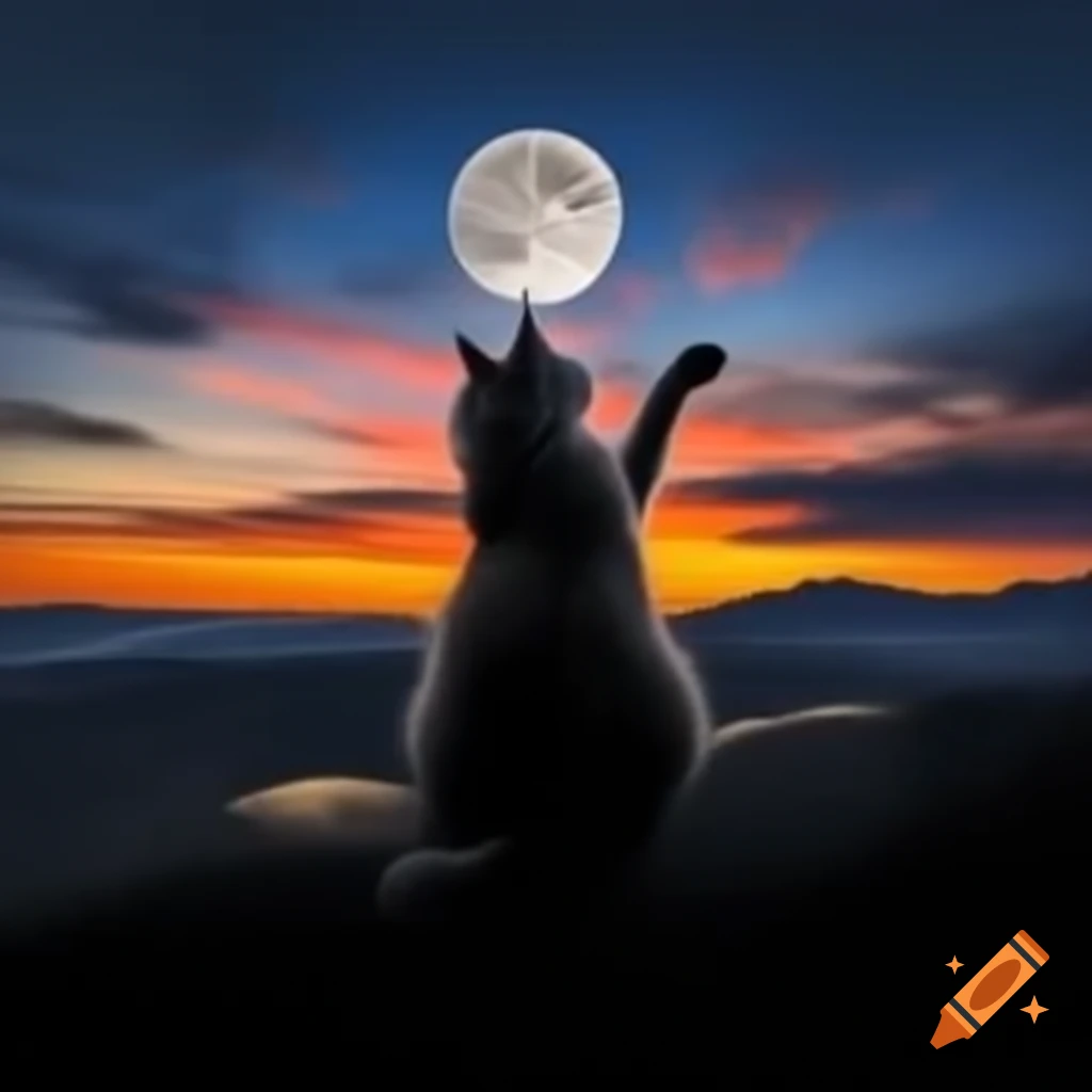 Colorful fluffy cat silhouette against mountains and starry sky reaching for the moon