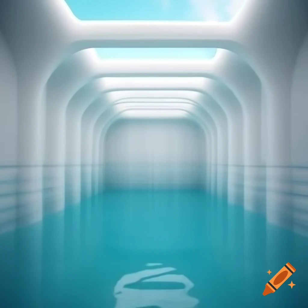 Surreal minimalist poolroom with teal water and white tiled walls, 3D render
